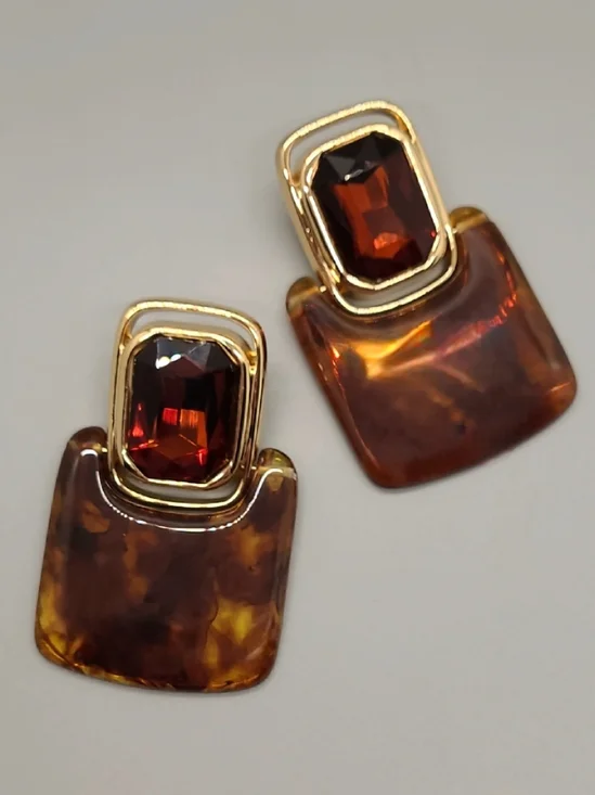 Vintage Retro Large Crystal Rootbeer Geometric Doorknocker Gold Drop Earrings - Picture 11 of 14